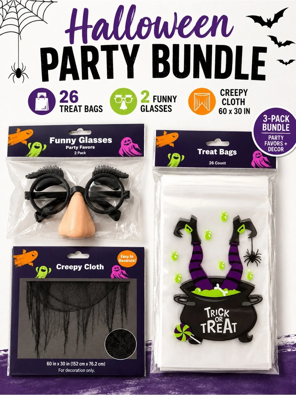 Halloween Party Decor Bundle Treat Bags Funny Glasses Creepy Cloth